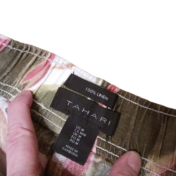 Tahari 100% Linen Ivy Green Peach Wide Leg Cropped Pants Ladies Medium - Picture 3 of 3